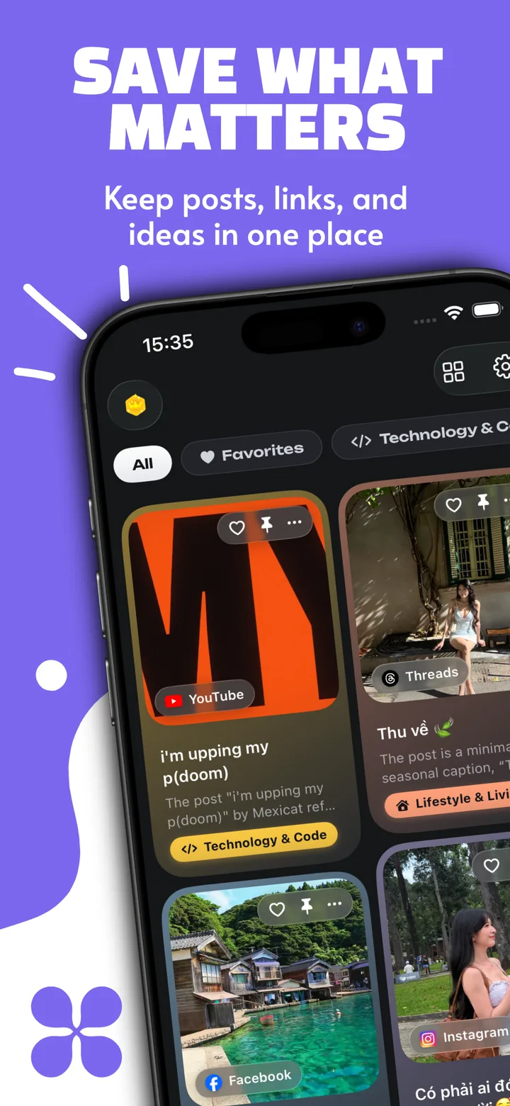 Savo app store screen showing its saved content feed