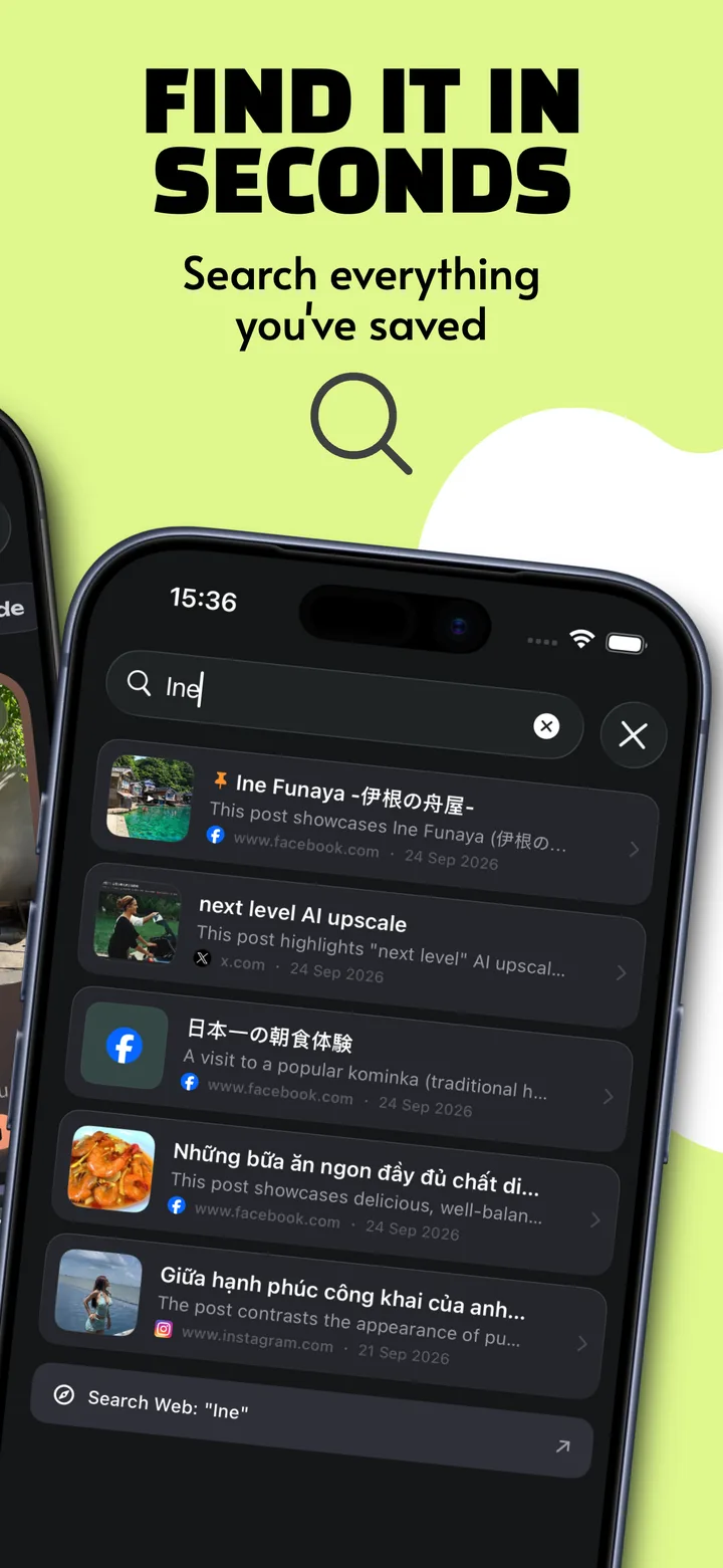 Savo app store screen showing search across saved content