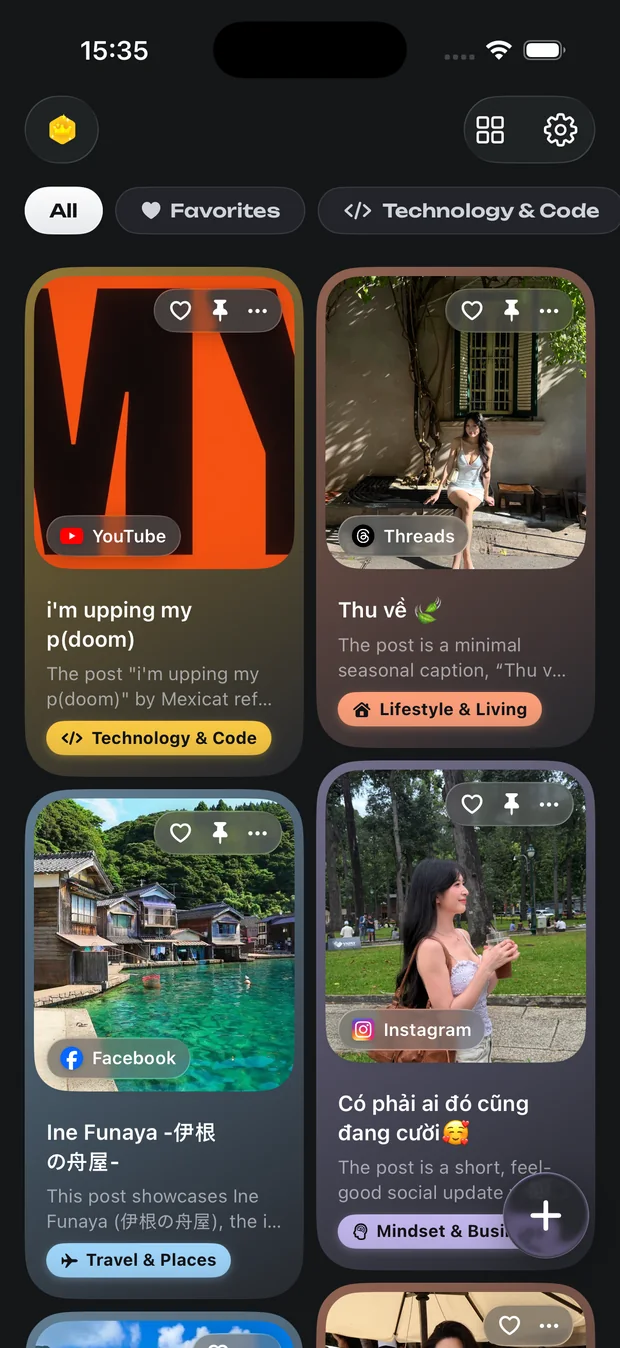 Savo feed with saved videos, travel ideas, and social posts
